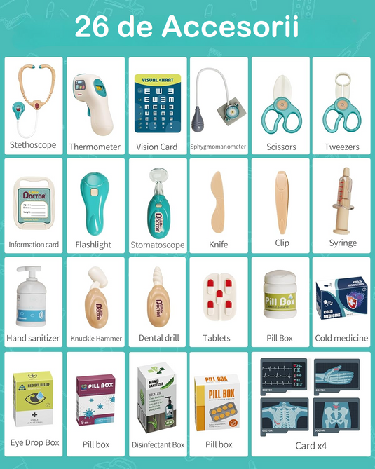 Set de Joaca, Carucior Medical pentru Copii, 26 Piese, cu Sunete, Include Radiografii, Stetoscop, Termometru, Seringa, Portabil, Stimuleaza Imaginatia si Jocul de Rol, Indiggo, 3ani+, Dimensiune 115x46.5cm, Turcoaz