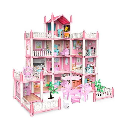 Casuta pentru Papusi DreamVilla KinderVibe™, cu 4 Etaje, 11 Camere, 4 Terase, Catel, Palmieri, Numeroase Piese de Mobilier Incluse, Design Deosebit, Inaltime 61cm, Pink Pop
