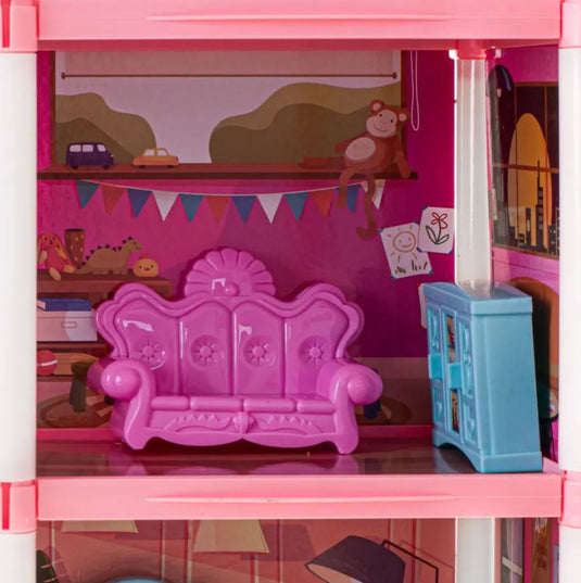 Casuta pentru Papusi DreamVilla KinderVibe™, cu 4 Etaje, 11 Camere, 4 Terase, Catel, Palmieri, Numeroase Piese de Mobilier Incluse, Design Deosebit, Inaltime 61cm, Pink Pop