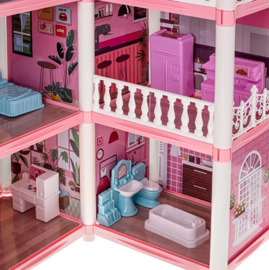 Casuta pentru Papusi DreamVilla KinderVibe™, cu 4 Etaje, 11 Camere, 4 Terase, Catel, Palmieri, Numeroase Piese de Mobilier Incluse, Design Deosebit, Inaltime 61cm, Pink Pop
