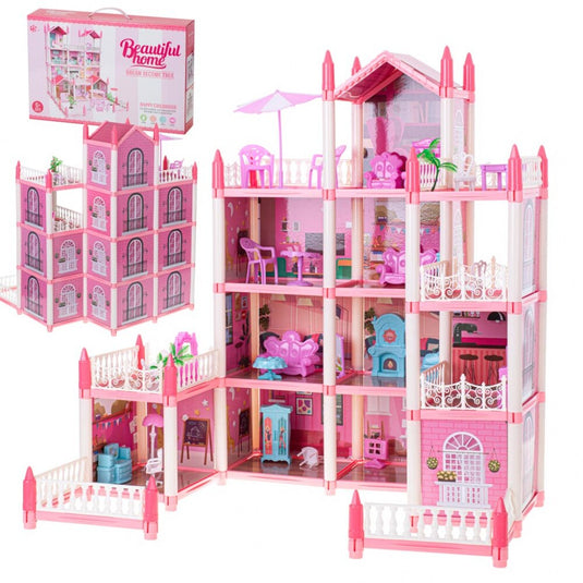 Casuta pentru Papusi DreamVilla KinderVibe™, cu 4 Etaje, 11 Camere, 4 Terase, Catel, Palmieri, Numeroase Piese de Mobilier Incluse, Design Deosebit, Inaltime 61cm, Pink Pop