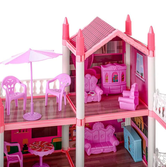 Casuta pentru Papusi DreamVilla KinderVibe™, cu 4 Etaje, 11 Camere, 4 Terase, Catel, Palmieri, Numeroase Piese de Mobilier Incluse, Design Deosebit, Inaltime 61cm, Pink Pop