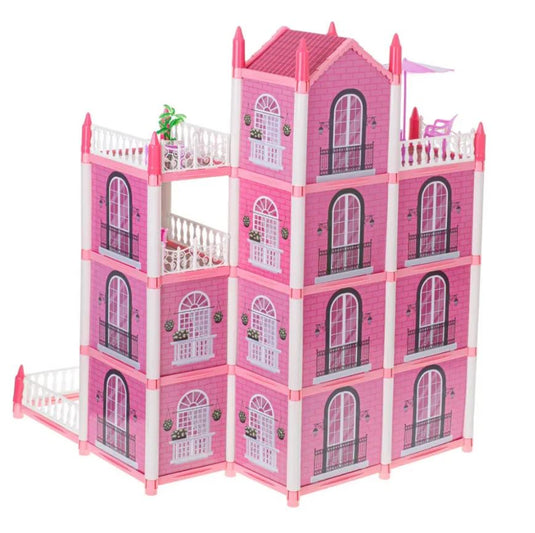 Casuta pentru Papusi DreamVilla KinderVibe™, cu 4 Etaje, 11 Camere, 4 Terase, Catel, Palmieri, Numeroase Piese de Mobilier Incluse, Design Deosebit, Inaltime 61cm, Pink Pop