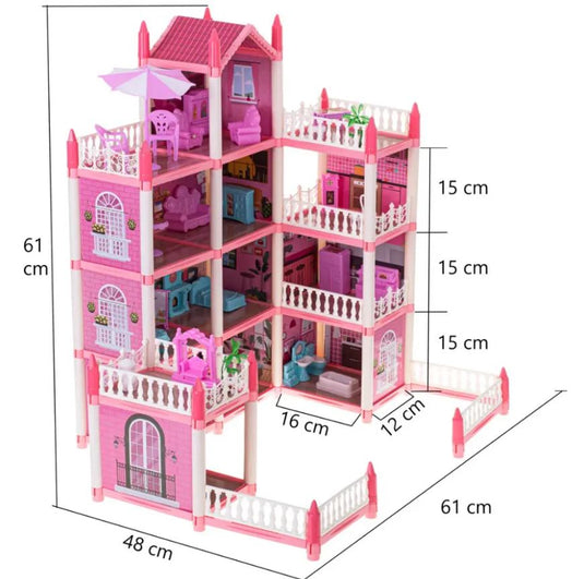 Casuta pentru Papusi DreamVilla KinderVibe™, cu 4 Etaje, 11 Camere, 4 Terase, Catel, Palmieri, Numeroase Piese de Mobilier Incluse, Design Deosebit, Inaltime 61cm, Pink Pop