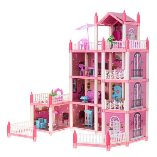 Casuta pentru Papusi DreamVilla KinderVibe™, cu 4 Etaje, 11 Camere, 4 Terase, Catel, Palmieri, Numeroase Piese de Mobilier Incluse, Design Deosebit, Inaltime 61cm, Pink Pop