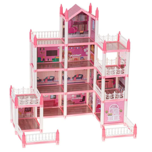 Casuta pentru Papusi DreamVilla KinderVibe™, cu 4 Etaje, 11 Camere, 4 Terase, Catel, Palmieri, Numeroase Piese de Mobilier Incluse, Design Deosebit, Inaltime 61cm, Pink Pop