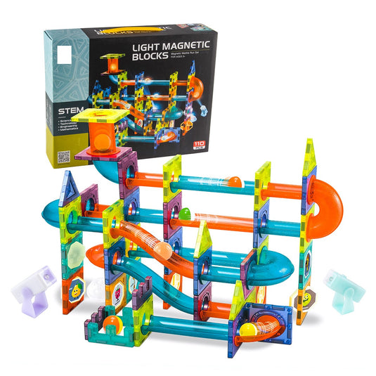 Set de Constructie Magic Light Magnets, Include 110 de Piese, Lumineaza in Intuneric, Magneti Puternici, Traseu cu Bile, Numeroase Posibilitati de Construit, STEM, Educativ si Creativ, Indiggo®, 3ani+, Galben/Portocaliu
