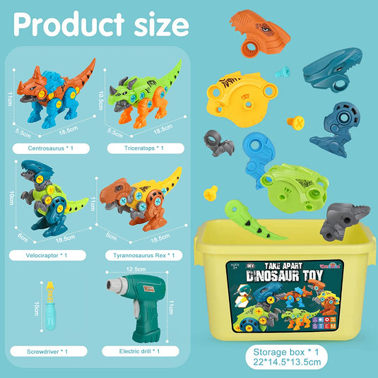 Set Constructie STEM Dinozauri cu Bormasina Electrica DIY JurassicDino, Jucarie Montessori, 4 Dinozauri, Cutie Depozitare, Piese Mobile/Articulatii Flexibile, Usor de Asamblat/Demontat, Jucarie pentru baieti si fete 3-8 ani, Multicolor