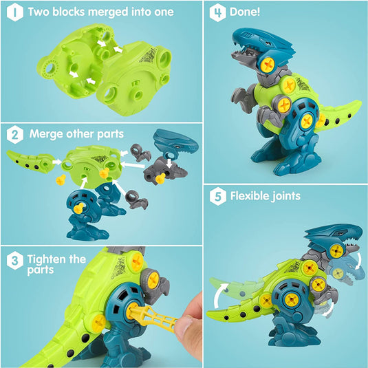 Set Constructie STEM Dinozauri cu Bormasina Electrica DIY JurassicDino, Jucarie Montessori, 4 Dinozauri, Cutie Depozitare, Piese Mobile/Articulatii Flexibile, Usor de Asamblat/Demontat, Jucarie pentru baieti si fete 3-8 ani, Multicolor