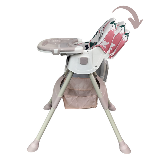 Scaun de Masa Pliabil cu Spatar reglabil KinderVIBE®, 6 Luni +, Multifunctional si Stabil, Tavita si Husa Detasabile si Lavabile, Centura de Siguranta 5 Puncte, Ajustabil pe Inaltime, Balansoar, Cos de Depozitare, Roz maces