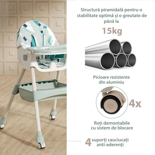 Scaun de Masa Pliabil cu Spatar reglabil KinderVIBE®, 6 Luni +, Multifunctional si Stabil, Tavita si Husa Detasabile si Lavabile, Centura de Siguranta 5 Puncte, Ajustabil pe Inaltime, Balansoar, Cos de Depozitare, Roz maces