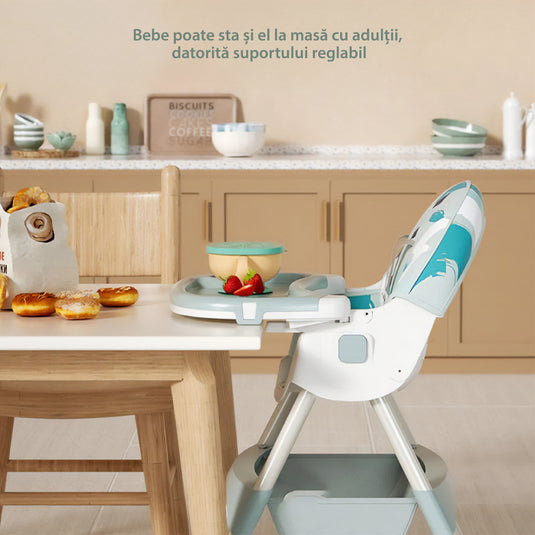 Scaun de Masa Pliabil cu Spatar reglabil KinderVIBE®, 6 Luni +, Multifunctional si Stabil, Tavita si Husa Detasabile si Lavabile, Roti, Centura de Siguranta 5 Puncte, Ajustabil pe Inaltime, Balansoar, Cos de Depozitare, Verde Mandala