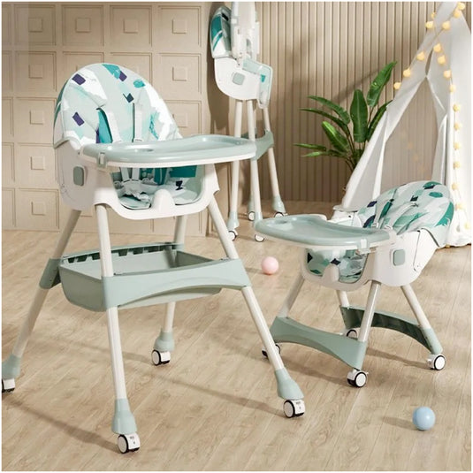 Scaun de Masa Pliabil cu Spatar reglabil KinderVIBE®, 6 Luni +, Multifunctional si Stabil, Tavita si Husa Detasabile si Lavabile, Roti, Centura de Siguranta 5 Puncte, Ajustabil pe Inaltime, Balansoar, Cos de Depozitare, Verde Mandala