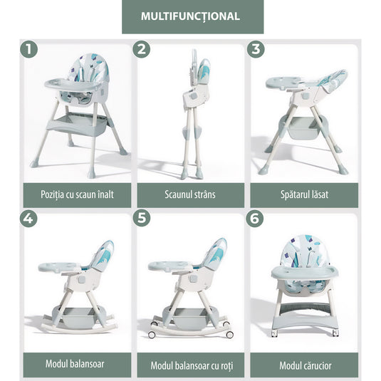 Scaun de Masa Pliabil cu Spatar reglabil KinderVIBE®, 6 Luni +, Multifunctional si Stabil, Tavita si Husa Detasabile si Lavabile, Roti, Centura de Siguranta 5 Puncte, Ajustabil pe Inaltime, Balansoar, Cos de Depozitare, Verde Mandala