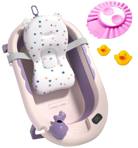 Cadita bebelusi pliabila cu pernuta UniqViBE®, termometru incorporat, cana pentru clatire tip jucarie, suport cap de dus si pentru sapun, 2 ratuste si casca protectie incluse, picioare antiderapante, design Ergonomic, Purple Royal