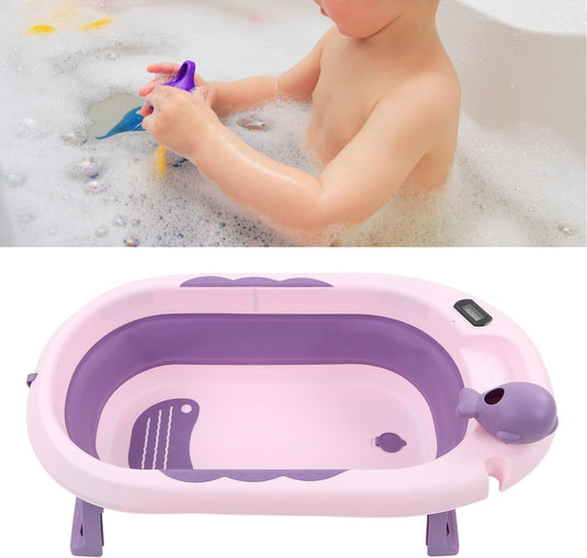 Cadita bebelusi pliabila cu pernuta UniqViBE®, termometru incorporat, cana pentru clatire tip jucarie, suport cap de dus si pentru sapun, 2 ratuste si casca protectie incluse, picioare antiderapante, design Ergonomic, Purple Royal
