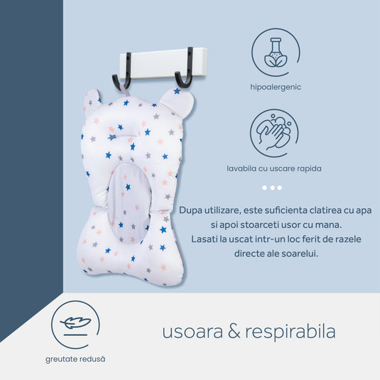 Cadita bebelusi pliabila cu pernuta UniqViBE®, termometru incorporat, cana pentru clatire tip jucarie, suport cap de dus si pentru sapun, cu perna din material hipoalergenic, lavabil cu uscare rapida, picioare antiderapante, design Ergonomic, Blue Royal