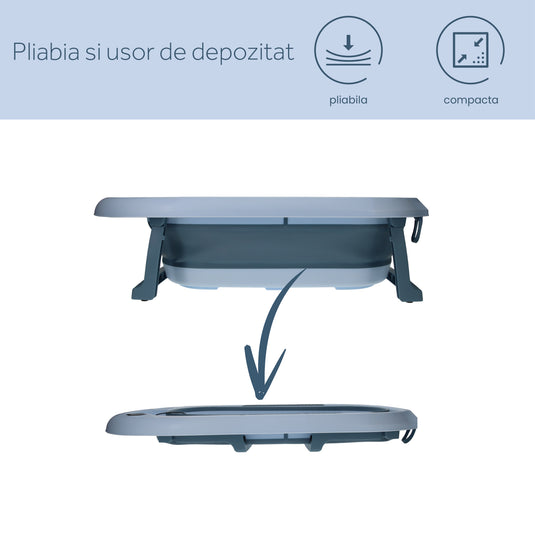 Cadita bebelusi pliabila cu pernuta UniqViBE®, termometru incorporat, cana pentru clatire tip jucarie, suport cap de dus si pentru sapun, cu perna din material hipoalergenic, lavabil cu uscare rapida, picioare antiderapante, design Ergonomic, Blue Royal