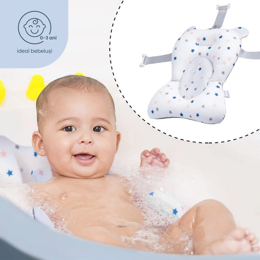 Cadita bebelusi pliabila cu pernuta UniqViBE®, termometru incorporat, cana pentru clatire tip jucarie, suport cap de dus si pentru sapun, cu perna din material hipoalergenic, lavabil cu uscare rapida, picioare antiderapante, design Ergonomic, Blue Royal