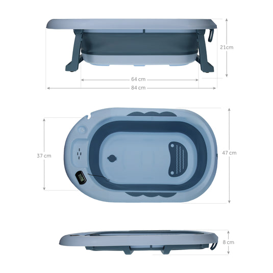 Cadita bebelusi pliabila cu pernuta UniqViBE®, termometru incorporat, cana pentru clatire tip jucarie, suport cap de dus si pentru sapun, cu perna din material hipoalergenic, lavabil cu uscare rapida, picioare antiderapante, design Ergonomic, Blue Royal