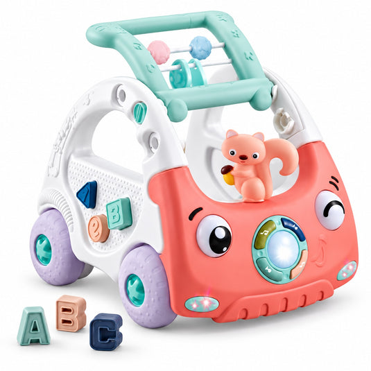 Antemergator Multifunctional 3in1, Discovery Car Drive and Play, Centru de Activitati Muzical in Forma de Masinuta, Cu Cuburi, Margele Rotative, Veverita, 6-36 luni, Roz Corai