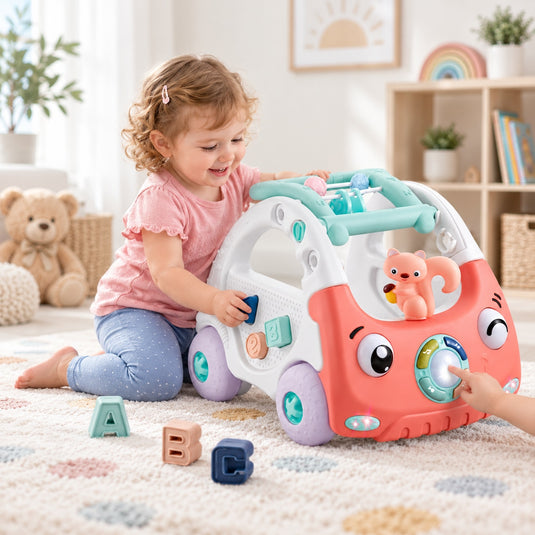 Antemergator Multifunctional 3in1, Discovery Car Drive and Play, Centru de Activitati Muzical in Forma de Masinuta, Cu Cuburi, Margele Rotative, Veverita, 6-36 luni, Roz Corai