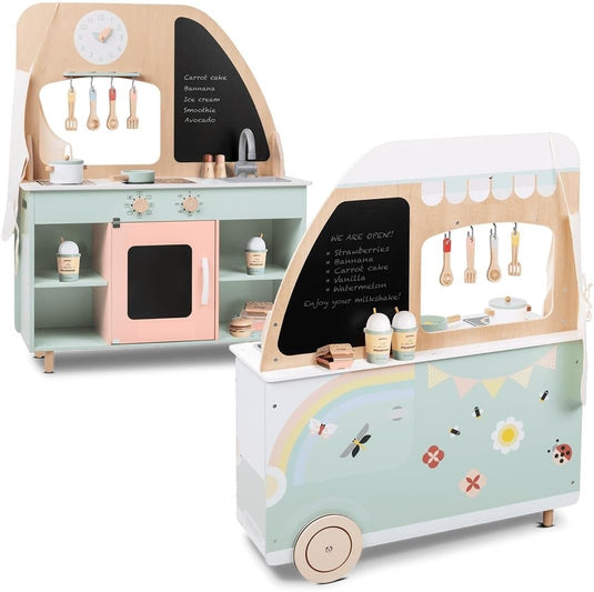Set de Joaca pentru Copii din Lemn 2in1, Bucatarie si Food Truck, KinderVibe™, Dubla Functionalitate, Echipat cu Accesorii Realiste pentru Gatit si pentru Vanzare, 100 CM Inaltime