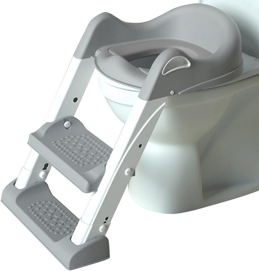 Reductor de Toaleta pentru Copii Multifunctional KiddoMAX®, cu Doua Scari Reglabile, Perna Confortabila, Design Anti-Stropire, Baza Antiderapanta, Inaltime Reglabila, Pliabil, Lavabil, Spatar si Manere, Compatibilitate Universala, Baby Gray