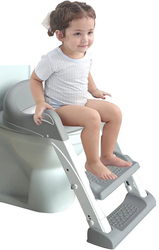 Reductor de Toaleta pentru Copii Multifunctional KiddoMAX®, cu Doua Scari Reglabile, Perna Confortabila, Design Anti-Stropire, Baza Antiderapanta, Inaltime Reglabila, Pliabil, Lavabil, Spatar si Manere, Compatibilitate Universala, Baby Gray