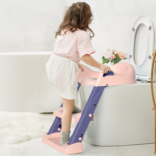 Reductor de Toaleta pentru Copii Multifunctional KiddoMAX®, cu Doua Scari Reglabile, Perna Confortabila, Design Anti-Stropire, Baza Antiderapanta, Inaltime Reglabila, Pliabil, Lavabil, Spatar si Manere, Compatibilitate Universala, Baby Gray