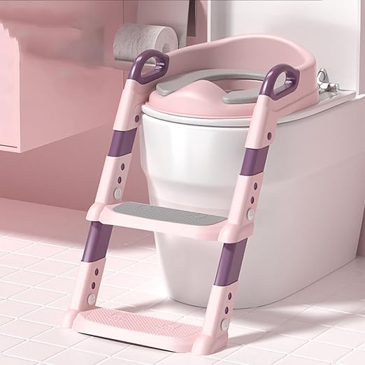 Reductor de Toaleta pentru Copii, Multifunctional KiddoMAX® cu Doua Scari Reglabile, Perna Confortabila, Design Anti-Stropire, Baza Antiderapanta, Inaltime Reglabila, Pliabil, Lavabil, Spatar si Manere, Compatibilitate Universala, Baby Pink