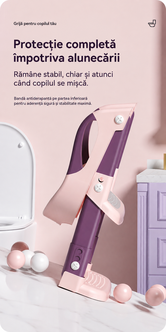 Reductor de Toaleta pentru Copii, Multifunctional KiddoMAX® cu Doua Scari Reglabile, Perna Confortabila, Design Anti-Stropire, Baza Antiderapanta, Inaltime Reglabila, Pliabil, Lavabil, Spatar si Manere, Compatibilitate Universala, Baby Pink