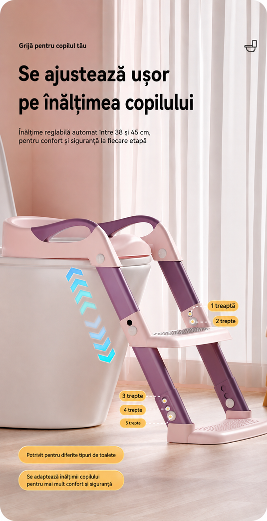 Reductor de Toaleta pentru Copii, Multifunctional KiddoMAX® cu Doua Scari Reglabile, Perna Confortabila, Design Anti-Stropire, Baza Antiderapanta, Inaltime Reglabila, Pliabil, Lavabil, Spatar si Manere, Compatibilitate Universala, Baby Pink