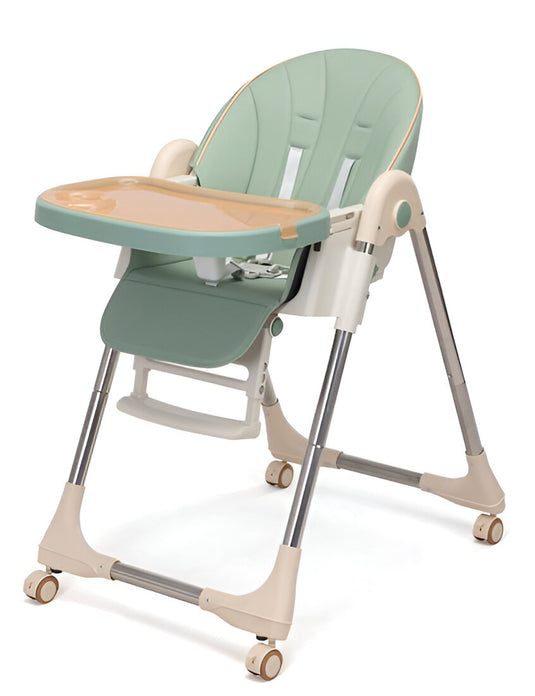Scaun de Masa Pliabil 5 in 1 KinderVIBE®, 6 Luni +, 5 Pozitii inclinare Spatar, Stabil, Centura de Siguranta cu Reglaj in 5 Puncte, Ajustabil pe Inaltime, Tavita Reglabila si Detasabila, Rezistent la Murdarie, Picioare Antiderapante, Roti, Mint Green
