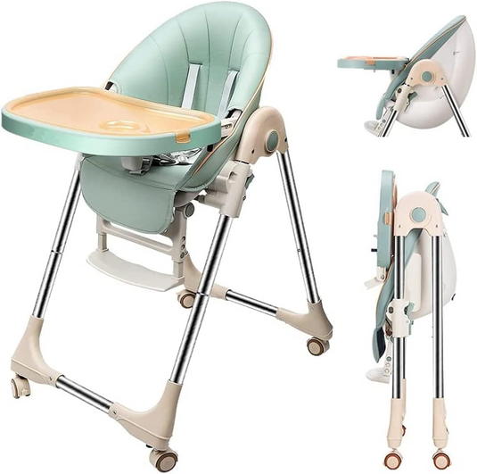Scaun de Masa Pliabil 5 in 1 KinderVIBE®, 6 Luni +, 5 Pozitii inclinare Spatar, Stabil, Centura de Siguranta cu Reglaj in 5 Puncte, Ajustabil pe Inaltime, Tavita Reglabila si Detasabila, Rezistent la Murdarie, Picioare Antiderapante, Roti, Mint Green