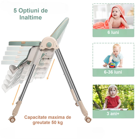 Scaun de Masa Pliabil 5 in 1 KinderVIBE®, 6 Luni +, 5 Pozitii inclinare Spatar, Stabil, Centura de Siguranta cu Reglaj in 5 Puncte, Ajustabil pe Inaltime, Tavita Reglabila si Detasabila, Rezistent la Murdarie, Picioare Antiderapante, Roti, Mint Green