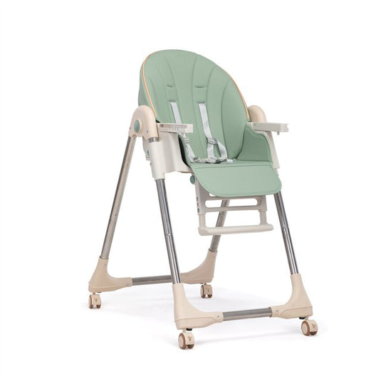 Scaun de Masa Pliabil 5 in 1 KinderVIBE®, 6 Luni +, 5 Pozitii inclinare Spatar, Stabil, Centura de Siguranta cu Reglaj in 5 Puncte, Ajustabil pe Inaltime, Tavita Reglabila si Detasabila, Rezistent la Murdarie, Picioare Antiderapante, Roti, Mint Green
