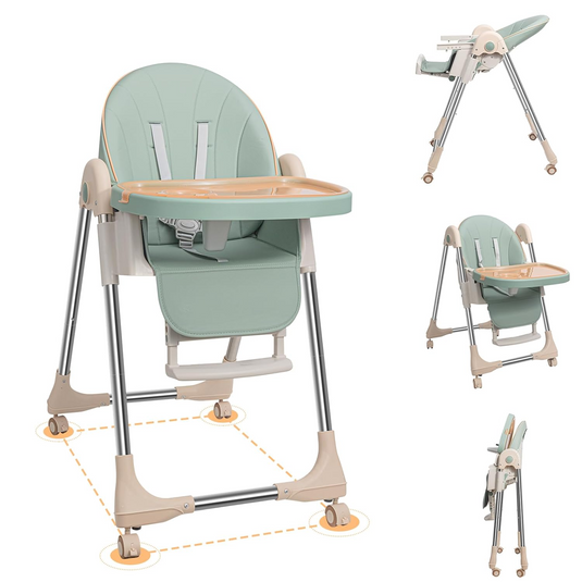 Scaun de Masa Pliabil 5 in 1 KinderVIBE®, 6 Luni +, 5 Pozitii inclinare Spatar, Stabil, Centura de Siguranta cu Reglaj in 5 Puncte, Ajustabil pe Inaltime, Tavita Reglabila si Detasabila, Rezistent la Murdarie, Picioare Antiderapante, Roti, Mint Green