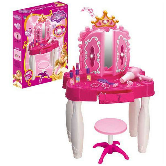 Masuta de Machiaj pentru Fetite KinderVibe™, cu Oglinda, Scaunel, Accesorii Infrumusetare, Mufa pentru MP3 Player, cu Lumini si Sunete, Inaltime 72 cm
