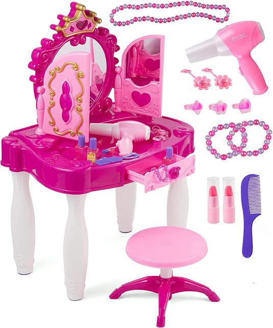 Masuta de Machiaj pentru Fetite KinderVibe™, cu Oglinda, Scaunel, Accesorii Infrumusetare, Mufa pentru MP3 Player, cu Lumini si Sunete, Inaltime 72 cm