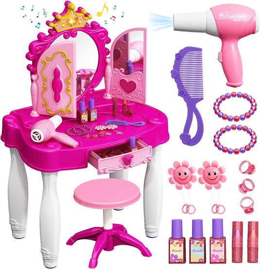 Masuta de Machiaj pentru Fetite KinderVibe™, cu Oglinda, Scaunel, Accesorii Infrumusetare, Mufa pentru MP3 Player, cu Lumini si Sunete, Inaltime 72 cm