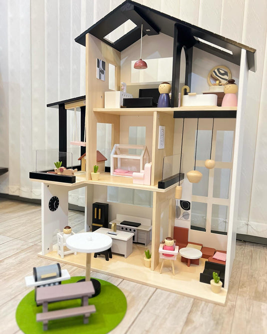 Casuta de Papusi din Lemn MDF BabyBoutique Indiggo® cu Terasa Mare, Gradina si Gratar, 49 de Accesorii, 3 Etaje, Doua Dormitoare, Living, Mansarda, Bucatarie, 4 Figurine, Catelus, Functii Multiple / Piese Mobile, Design Modern, 79 CM Inaltime, White/Black