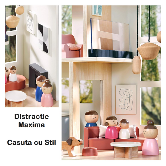 Casuta de Papusi din Lemn MDF BabyBoutique Indiggo® cu Terasa Mare, Gradina si Gratar, 49 de Accesorii, 3 Etaje, Doua Dormitoare, Living, Mansarda, Bucatarie, 4 Figurine, Catelus, Functii Multiple / Piese Mobile, Design Modern, 79 CM Inaltime, White/Black