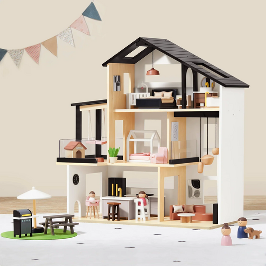 Casuta de Papusi din Lemn MDF BabyBoutique Indiggo® cu Terasa Mare, Gradina si Gratar, 49 de Accesorii, 3 Etaje, Doua Dormitoare, Living, Mansarda, Bucatarie, 4 Figurine, Catelus, Functii Multiple / Piese Mobile, Design Modern, 79 CM Inaltime, White/Black