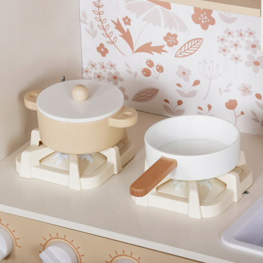Set Bucatarie cu Accesorii pentru Copii din Lemn Natural, Vintage Floral KinderVibe™, Arzatoare cu Baterii, Cuptor, Chiuveta functionala, Masina de Spalat Rufe, Instrumente pentru Gatit, 90 CM Inaltime, Creamy