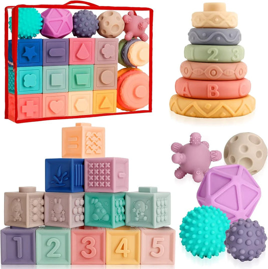 Set Cuburi Senzoriale pentru Bebelusi, din Cauciuc Moale, Contine 24 Piese, Diferite Forme, Pentru Stivuire, Pentru Constructii, Sigure Pentru a fi Rontaite, 10 luni+, Multicolor