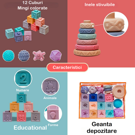 Set Cuburi Senzoriale pentru Bebelusi, din Cauciuc Moale, Contine 24 Piese, Diferite Forme, Pentru Stivuire, Pentru Constructii, Sigure Pentru a fi Rontaite, 10 luni+, Multicolor