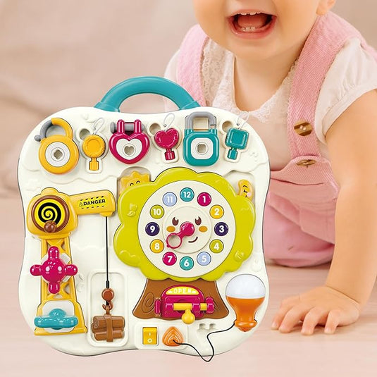 Panou cu Activitati Montessori Smartybaby, Jucarie Muzicala, Lampa LED, Macara, Ceas, Numere, Fructe, Culori si Forme, Elemente Mobile, Distractiv si Educativ