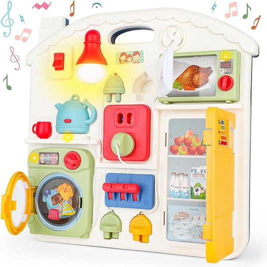 Panou cu Activitati Montessori BusyBoard Home, Jucarie Muzicala, Lampa LED, Masina de Spalat, Frigider, Cuptor Microunde, Ceainic, Prize, Distractiv si Educativ