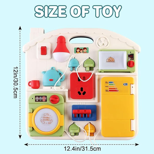 Panou cu Activitati Montessori BusyBoard Home, Jucarie Muzicala, Lampa LED, Masina de Spalat, Frigider, Cuptor Microunde, Ceainic, Prize, Distractiv si Educativ